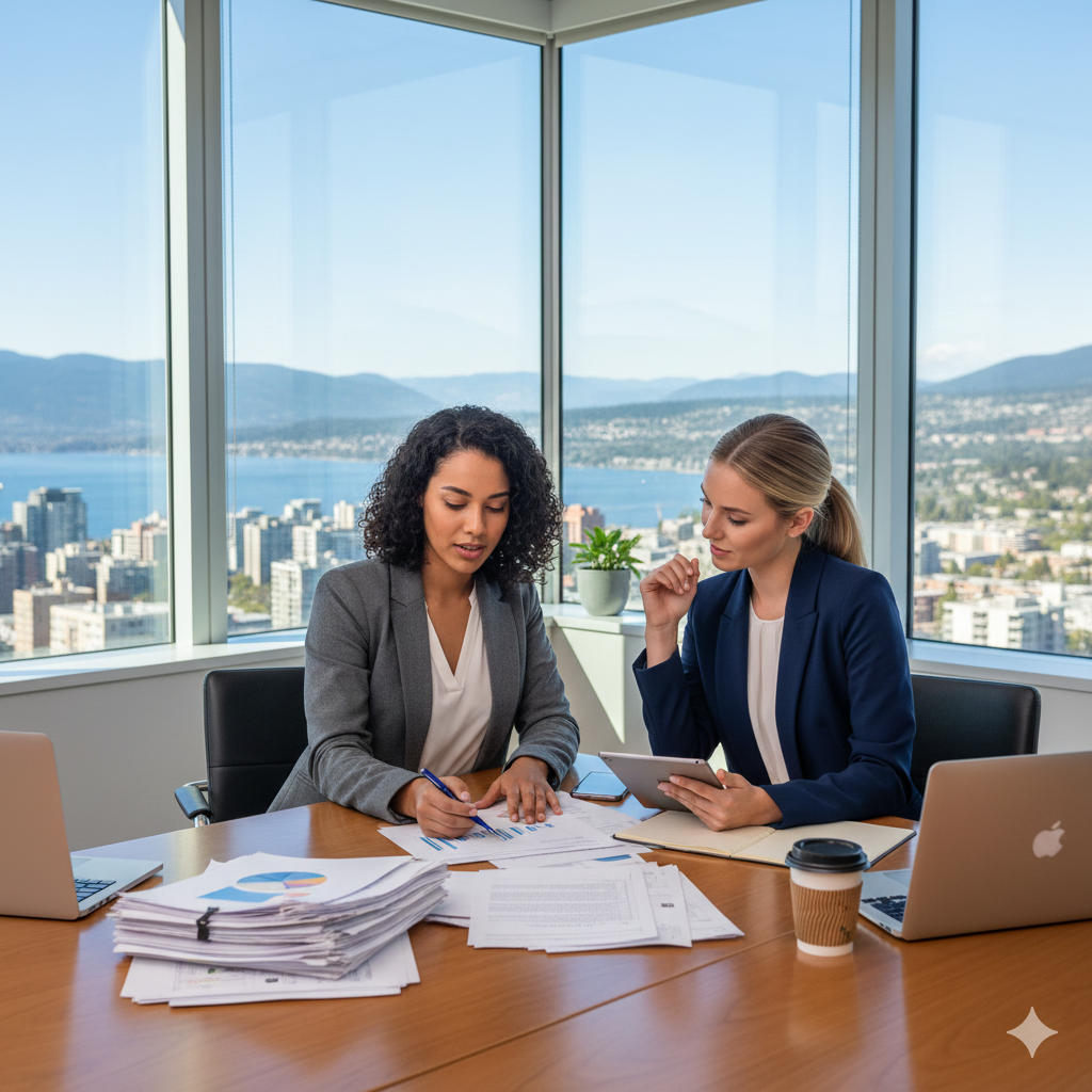 Two women successfully completing business sale closing in Kelowna